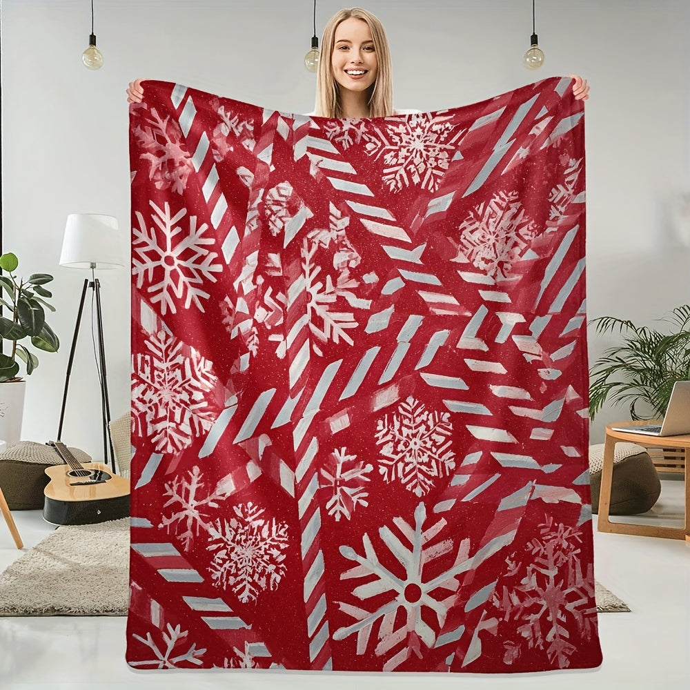 1 Red Snowflake Stripe Flannel Blanket with Festive Design, Soft Plush Surface, Lightweight and Durable Flannel Material, Available in Multiple Sizes, Perfect for Christmas, Living Room Lounging, Bedroom Warmth, and Holiday Decoration
