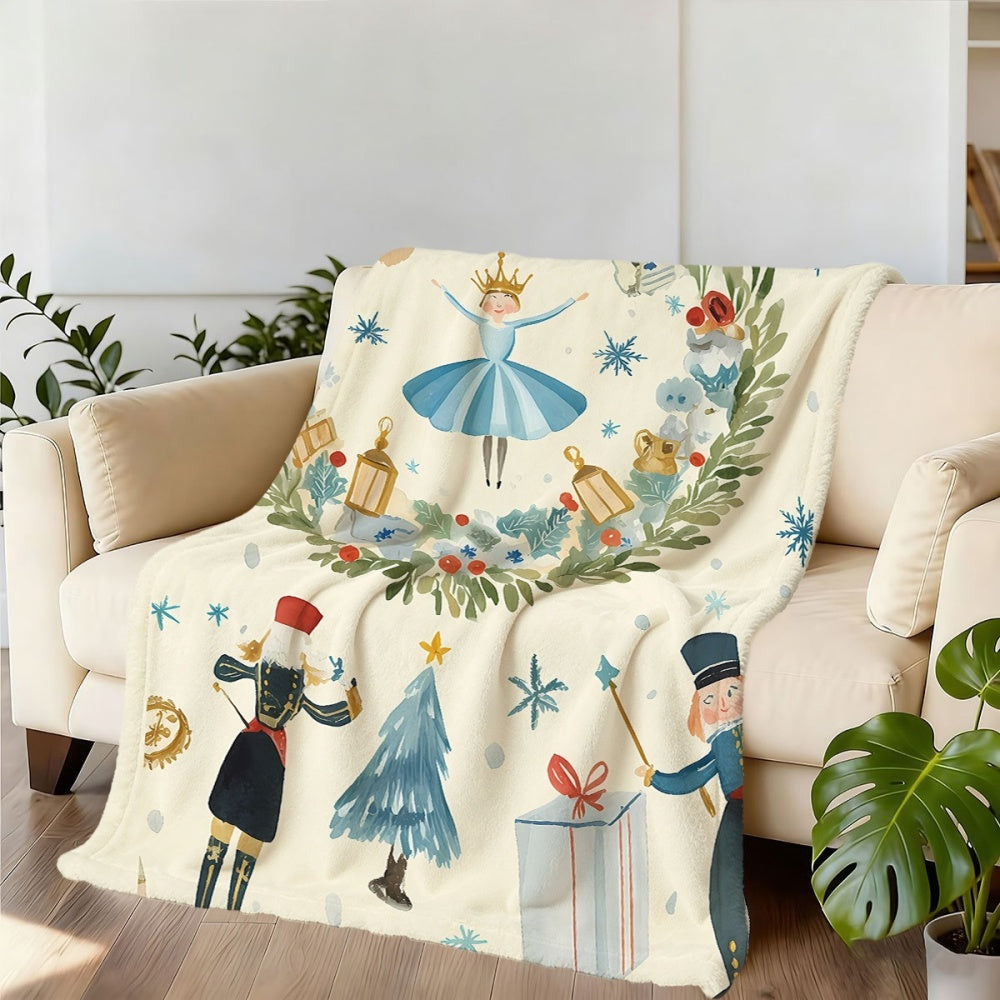 Christmas Ballet and Soldier Themed Flannel Blanket, Soft, Comfortable, and Warm, Cream-colored Design, Durable Plush Surface, All-season Universal Sofa Throw, Warm Lap Blanket, Multiple Sizes Available, Suitable for Living Room Sofas, Bedroom