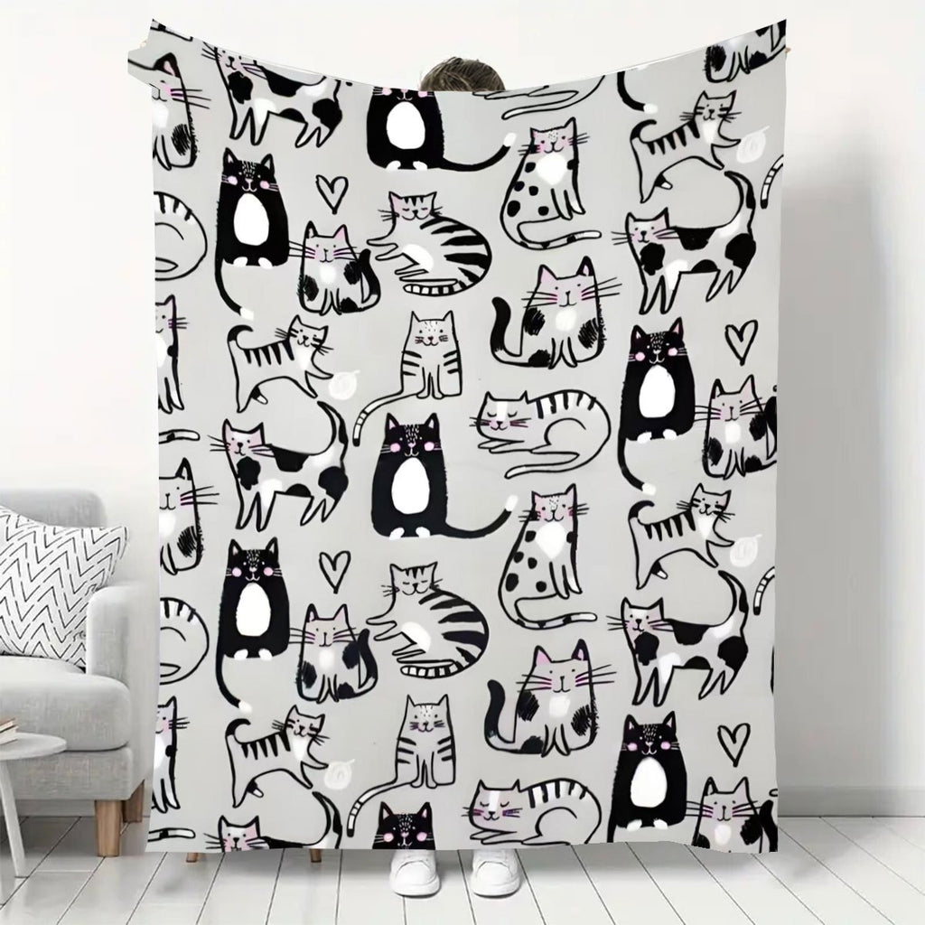 1pc 2D Flat Printing, Cute Kitten Pattern Blanket, Soft Fleece Blanket - Black, White, Gray Design, Multiple Sizes Available, Suitable for Living Room, Bedroom, Sofa, And Reading Nook