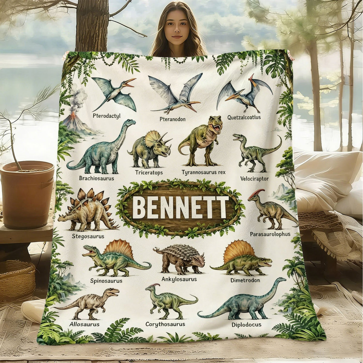 Personalized Custom Name Blanket, Jurassic Dinosaur Pattern Fleece Blanket, Gift for Outdoor Enthusiasts, All-Season Plush Blanket, Suitable for Home And Travel, Comfortable Personalized Blanket, Ideal Holiday Gift for Family And Friends