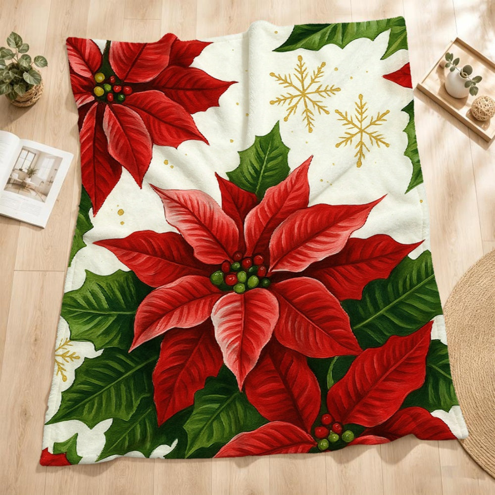 1pc of Cream Beige Flannel Blanket with Christmas Red and Green Floral and Golden Snowflake Patterns, a Christmas Winter Body Blanket, Soft Plush for All Seasons, Suitable for Holiday Home Decor, Home Naps, and Reading Time