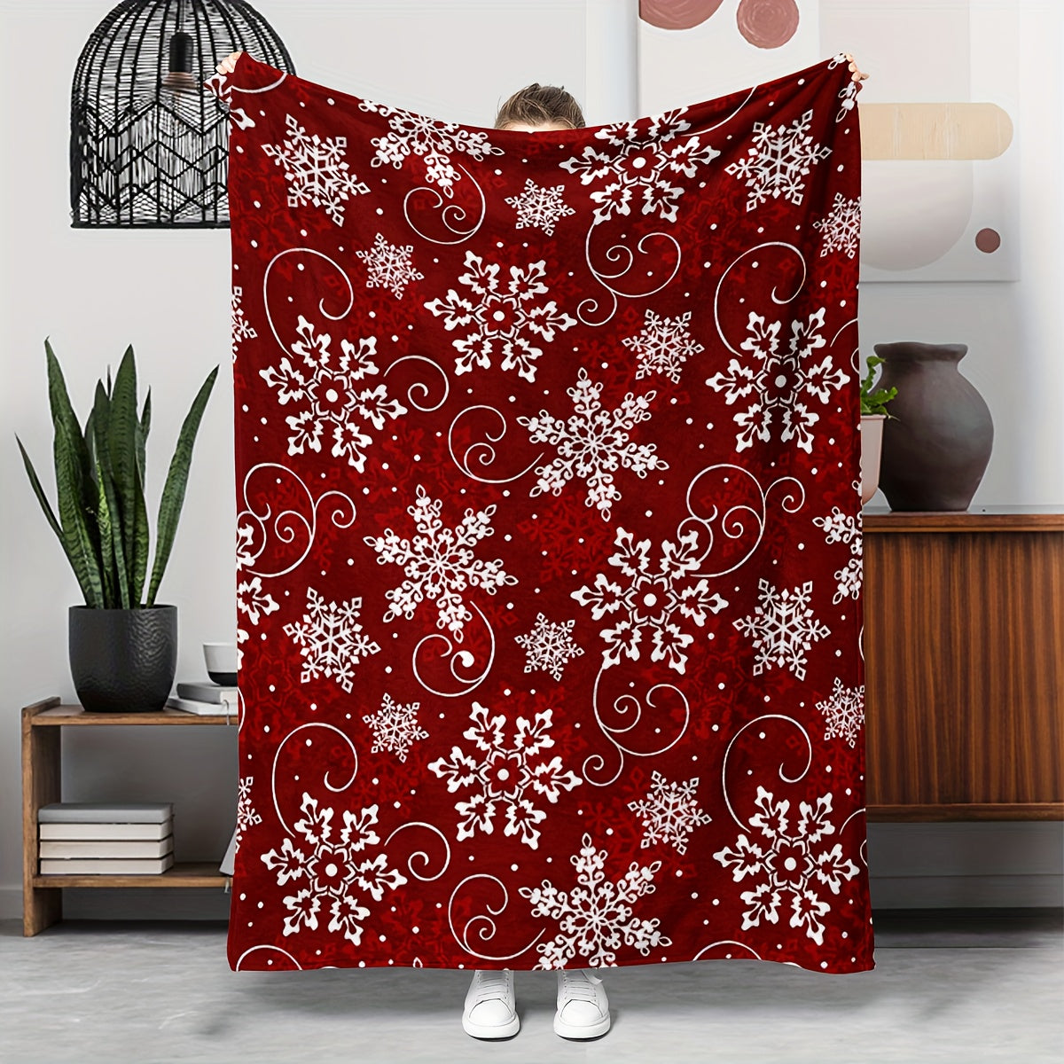 1pc 2D Printed Flannel Snowflake Pattern Blanket, White Snowflake Printed Design â€?Soft, Warm, And Cozy, Lightweight And Durable, Multiple Sizes Available, Perfect for Christmas, Living Room Leisure, Study Reading, Bedroom Sleep