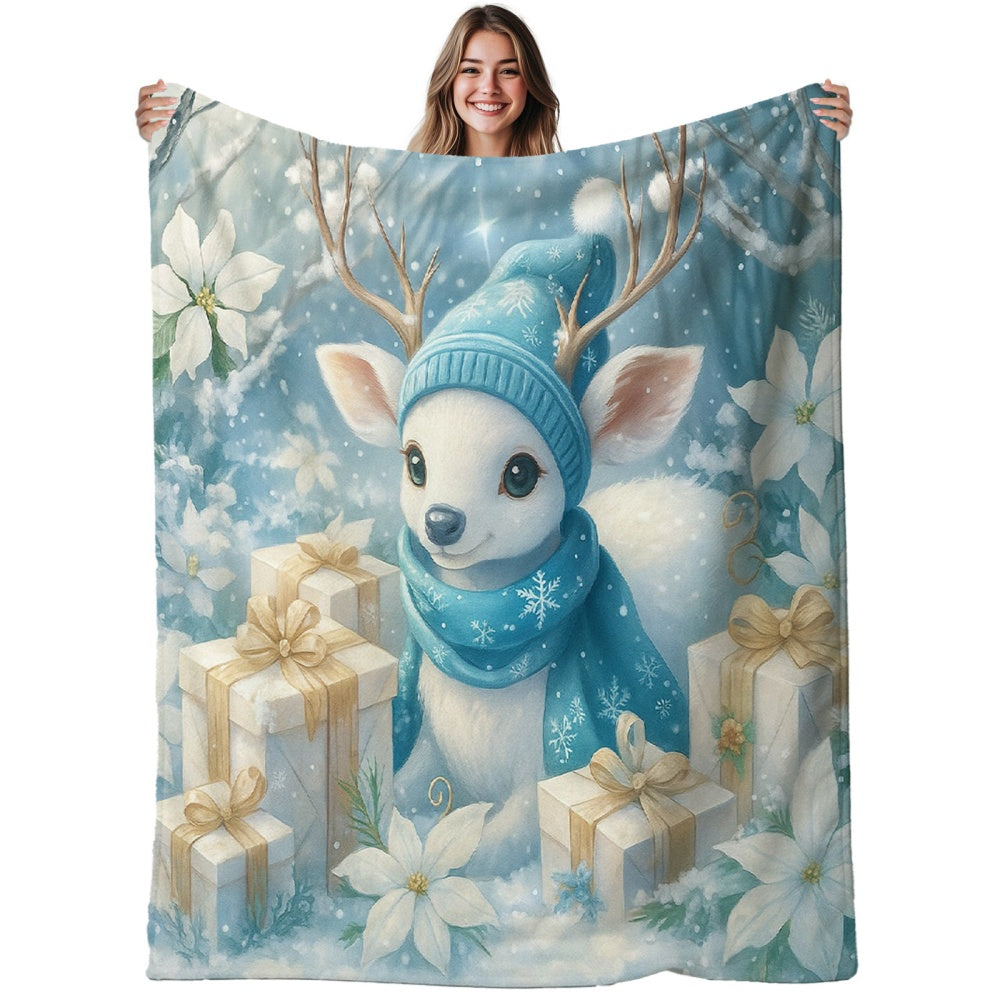 1pc Blue Reindeer Hat Scarf And Christmas Floral Flannel Blanket, Festive Winter Decor Design, Durable Plush Warm Throw Blanket, Suitable for Living Room Sofa Cover, Weekend Reading Time, Dormitory Life