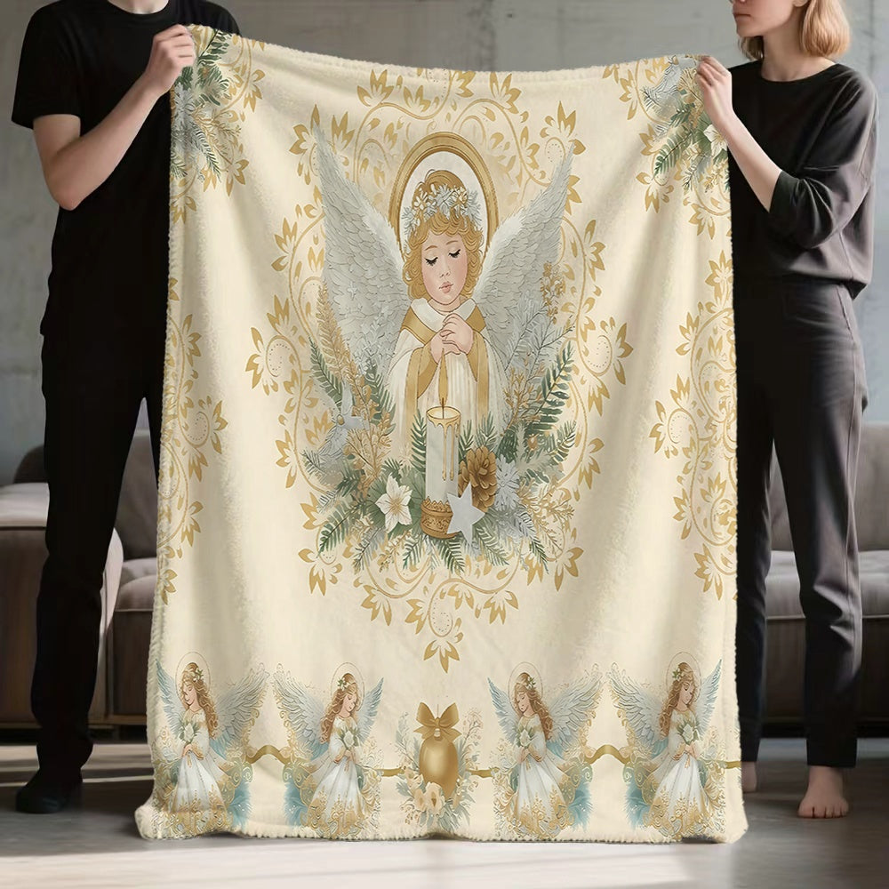 1pc Christmas Angel And Candle Floral Pattern Golden Main Color Flannel Blanket, Soft Comfortable Warm, All-Season Blanket, Warm Cover Blanket, Suitable for Living Room Sofa, Bedroom, Reading Area, Rest Area, And Holiday Decor