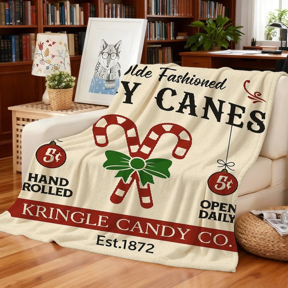 1pc Vintage Christmas Candy Themed Cream Beige Flannel Blanket, Festive Cozy Design, Soft Plush Surface for All Seasons, Suitable for Reading Time, Weekend Sofa Naps, and Seasonal Home Use
