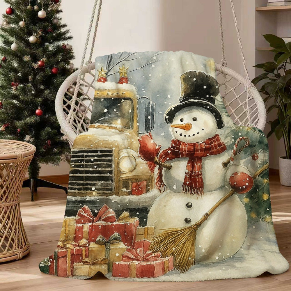1pc Christmas Retro Truck And Snowman Flannel Blanket, Red Brown Warm Tone Design, Durable Plush Warm Blanket, Suitable for Weekend Sofa Naps, Home Afternoon Rest, Reading Time, Guest Room Backup