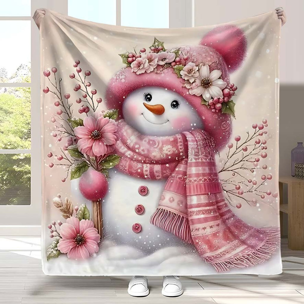 1pc 2D Printed Fleece Snow Blanket, Pink Floral And Snowflake Design - Soft, Warm, And Comfortable, Lightweight And Durable, Multiple Sizes Available, Ideal for Christmas, Living Room Leisure, Bedroom Warmth, Holiday Gift, All-Season Versatile Gift