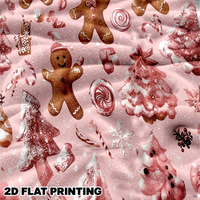 2D Flat 1pc Pink Christmas Gingerbread for Man Flannel Blanket with Candy Stick Tree Snowflake Print, Super Soft Thermal Blanket, Suitable for Winter Holiday Decoration, Comfortable Sofa Blanket for All Seasons, 2D Flat
