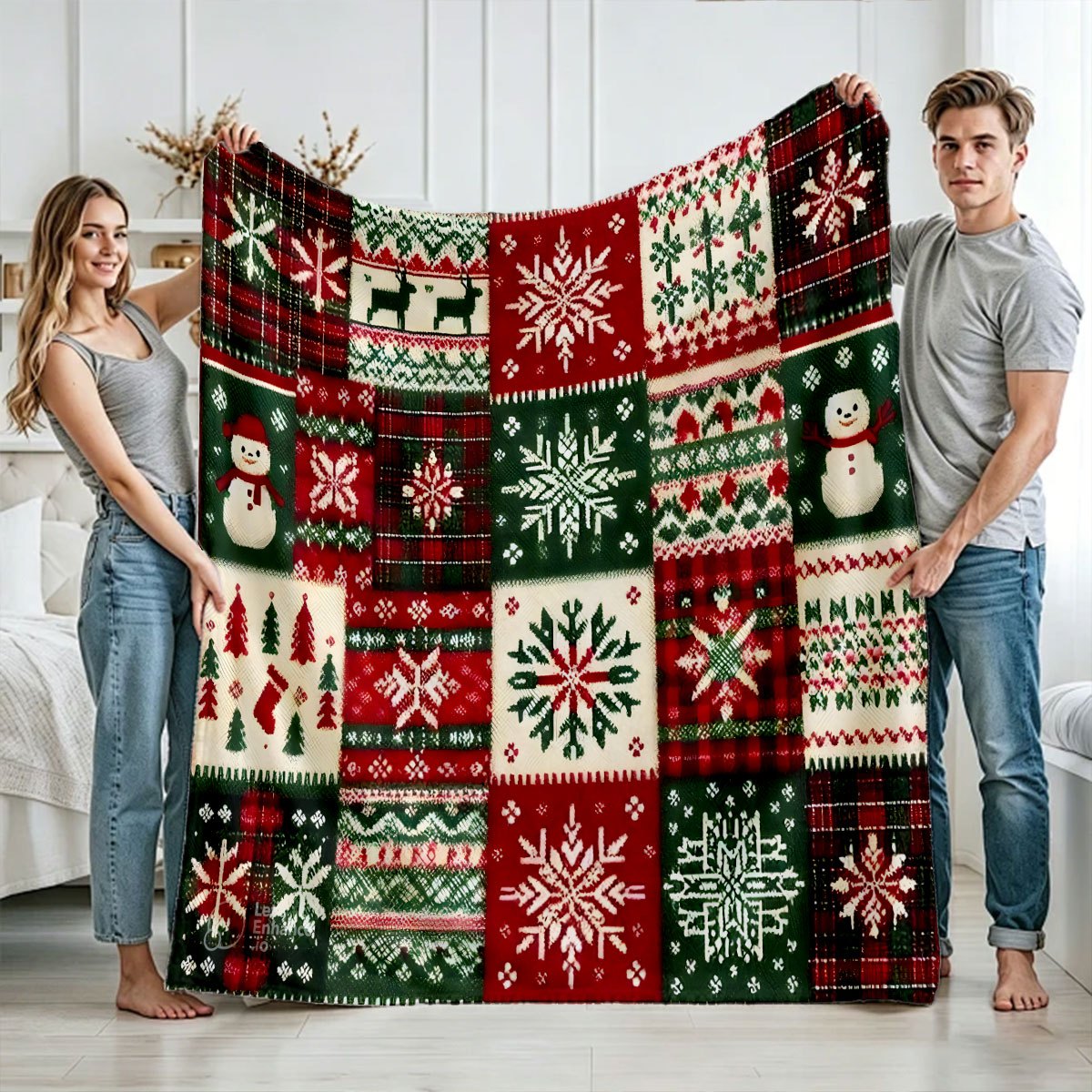 1 Fair Island Jacquard Christmas Flannel Blanket, Red and Green Snowflake Reindeer Thermal Blanket, Soft and Skin-friendly Comfortable Lunch Break Blanket, Bedroom Sofa Casual Blanket, Holiday Pattern, Home Decoration Blanket