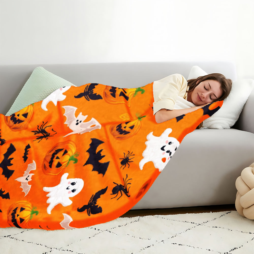 Halloween Ghost And Pumpkin Matching Orange Bat And Spider Pattern Blanket, Soft Comfortable Multi-Purpose Blanket, Home Decor And Holiday Gift