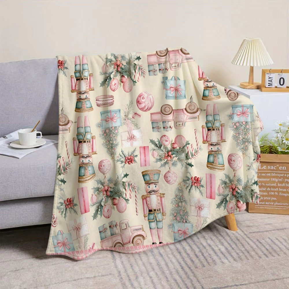 1pc Christmas Nutcracker And Gift Box Pattern Flannel Blanket, Soft Comfortable Warm, Cream And Pink Design, Durable Plush, All-Season Blanket, Warm Cover, Multiple Sizes Available, Suitable for Living Room Sofa, Bedroom, Reading Corner