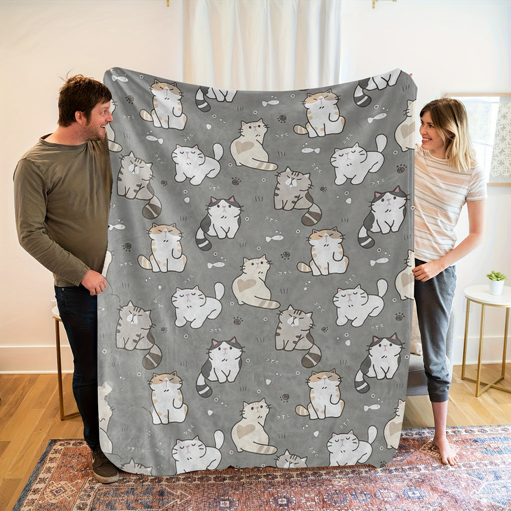 1pc of Adorable Cat-pattern Flannel Blanket, Soft, Comfortable, and Warm, in a Gray Design with a Durable Plush Surface. A Versatile All-season Bed Throw and Cozy Cover, Available in Multiple Sizes. Suitable for Living Room Sofas, Bedroom Beds