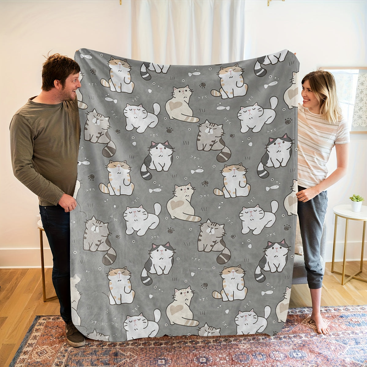 1pc of Adorable Cat-pattern Flannel Blanket, Soft, Comfortable, and Warm, in a Gray Design with a Durable Plush Surface. A Versatile All-season Bed Throw and Cozy Cover, Available in Multiple Sizes. Suitable for Living Room Sofas, Bedroom Beds