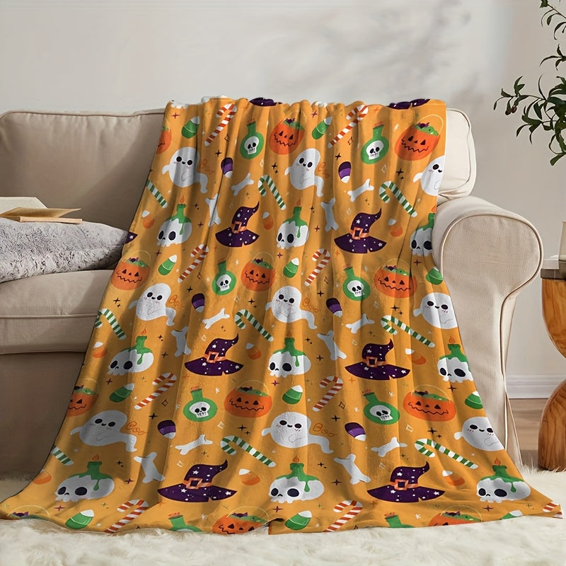 1pc Halloween Pumpkin Pattern Orange Flannel Blanket, Soft, Comfortable, and Warm, Cartoon Design, Durable Plush Surface, All-Season Bed Blanket, Warm Throw Blanket, Multiple Sizes Available, Suitable for Living Room, Bedroom, Sofa
