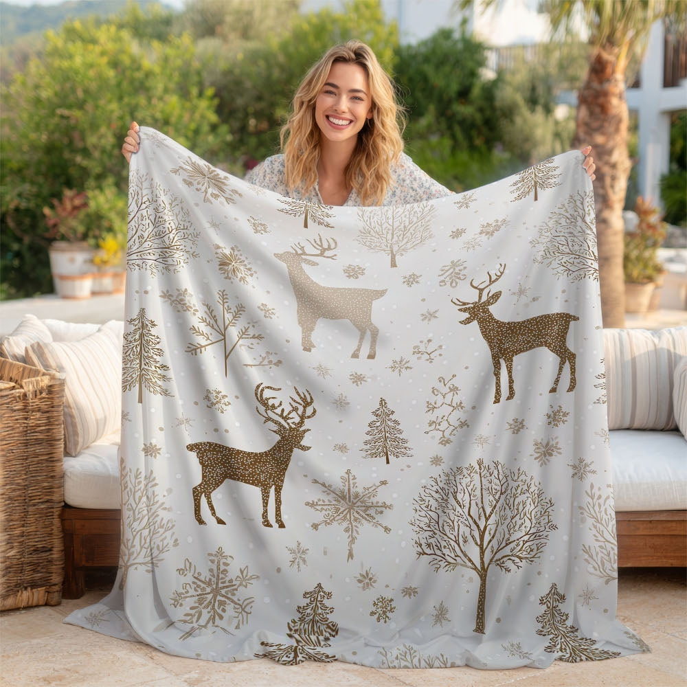 1pc Golden Reindeer Snowflake Patterned Blanket, Christmas Holiday Decor Design, Soft Plush, Flannel Material Lightweight And Durable, Multiple Sizes Available, Ideal for Christmas Decoration, Living Room Leisure, Bedroom Warmth, Study Reading