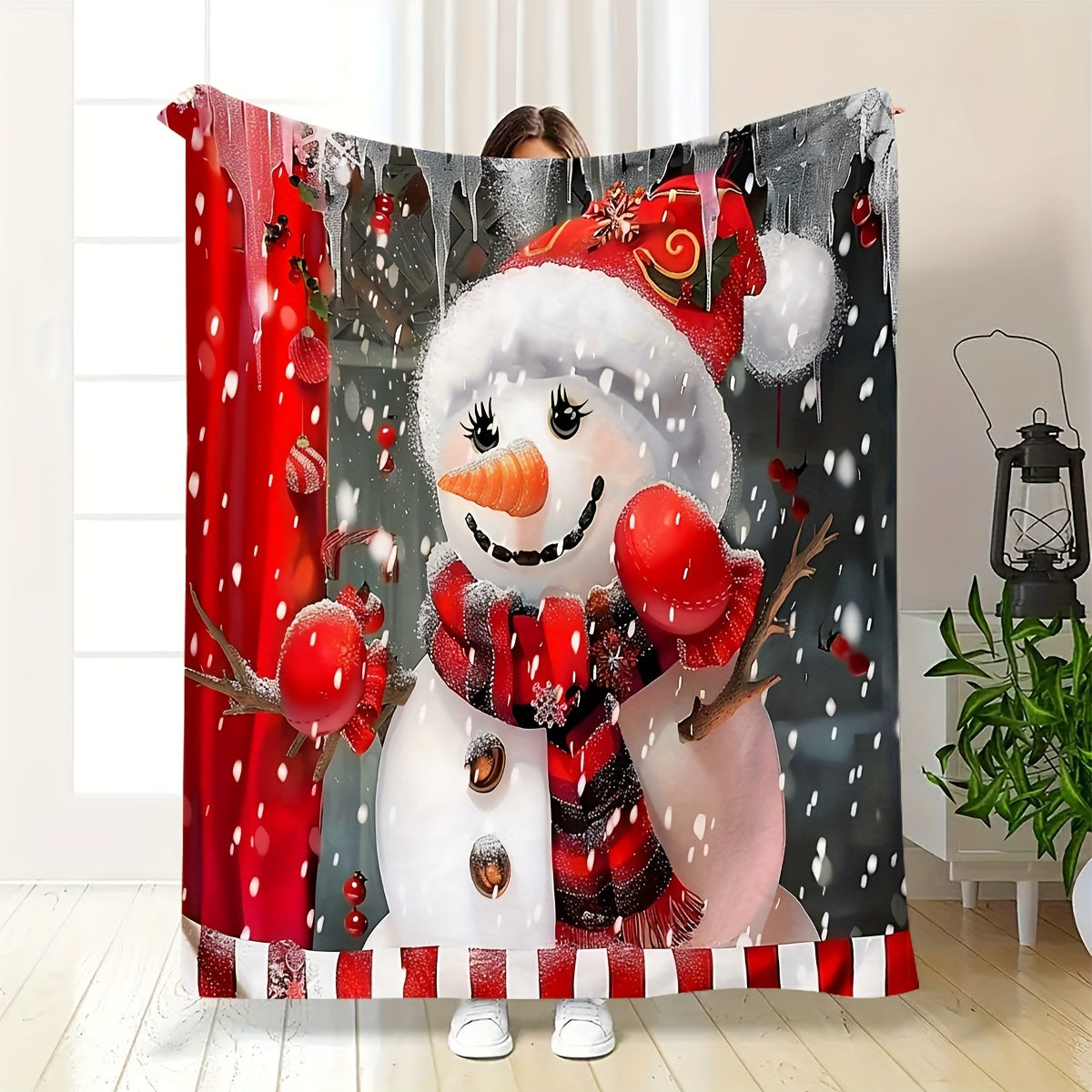 1pc Snowman and Red Ball Christmas Themed Red Flannel Large Blanket, Winter Decorative Design, Large Plush Throw Blanket, Suitable for Holiday Home Decor, Reading Time, and Home Naps