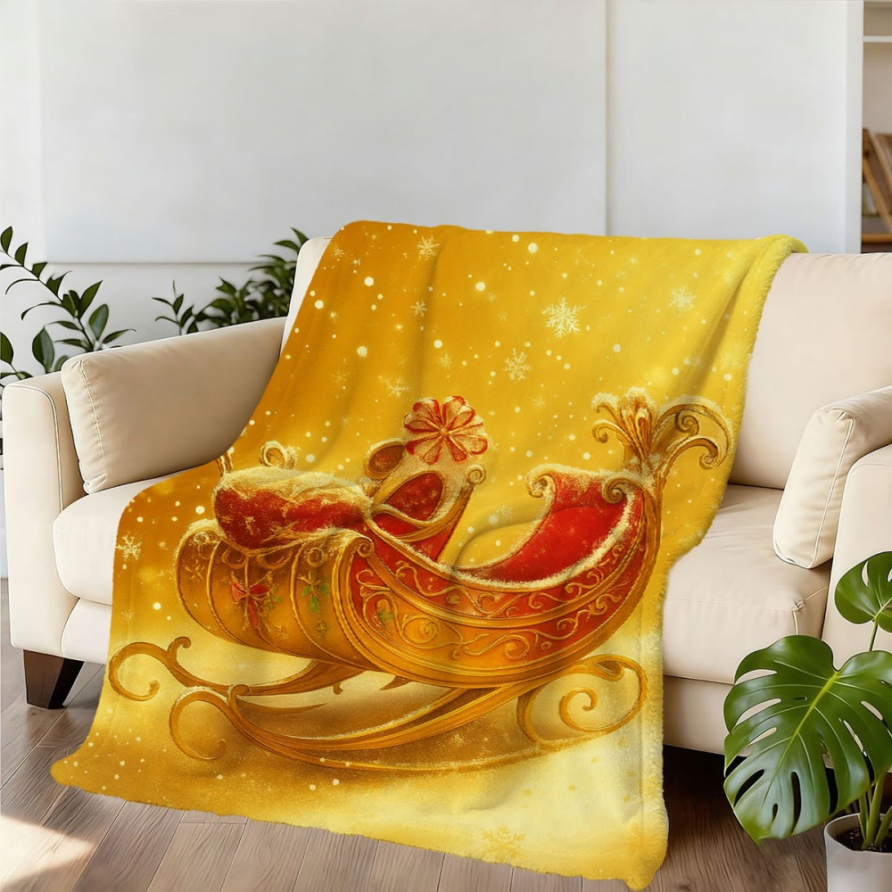 1 Christmas Sleigh and Snowflake Flannel Blanket, Golden Warm-toned Design, Durable Plush Warm Throw Blanket, Suitable for Living Room Sofa Cover, Weekend Sofa Naps, RV Travel
