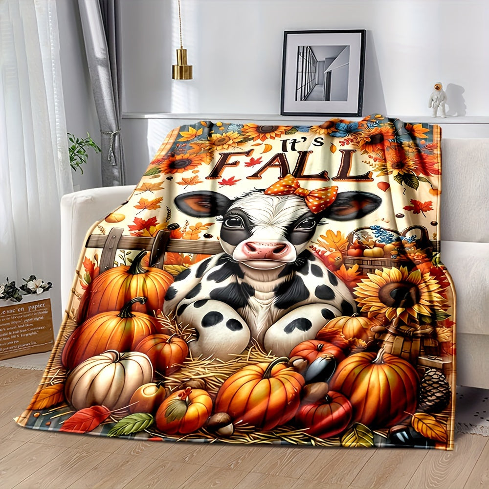 1pc Autumn Cow and Pumpkin Themed Flannel Blanket, Soft, Comfortable, and Warm, with Orange-Yellow Autumn Leaves and Sunflower Design, Durable Plush Surface, All-Season Universal Bed Blanket, Warm Throw Blanket, Multiple Sizes Available