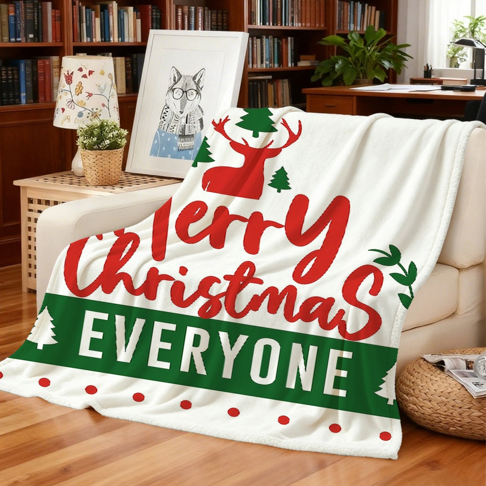 1pc of Christmas Reindeer and "Merry Christmas EVERYONE" Themed White Flannel Blanket, a Christmas Winter Throw Blanket, Soft Plush for All Seasons, Suitable for Weekend Naps on the Sofa, Holiday Home Decor, and Seasonal Home Use
