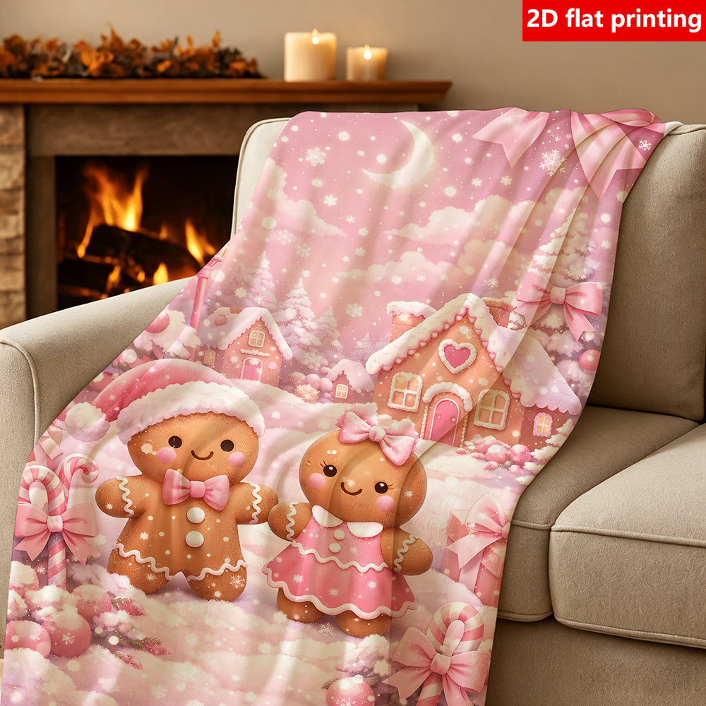 1pc Pink Gingerbread for Man and Christmas Tree Pattern 2D Flat Print Flannel Large-sized Blanket, Full-body Blanket in Multiple Sizes, Christmas Winter Decorative Design, Suitable for Holiday Home Decor, Reading Time, and Seasonal Home Use, 2D Flat