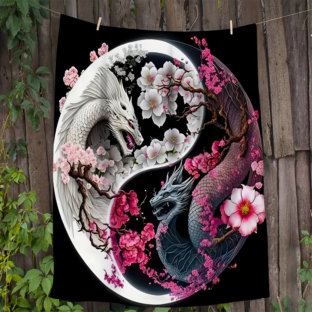 1pc 2D Flat Printing, Dragon And Cherry Blossom Theme Blanket, Soft Fleece Blanket - Black Pink White Design, Multiple Sizes Available, Suitable for Living Room, Bedroom, Sofa,, And Reading Area