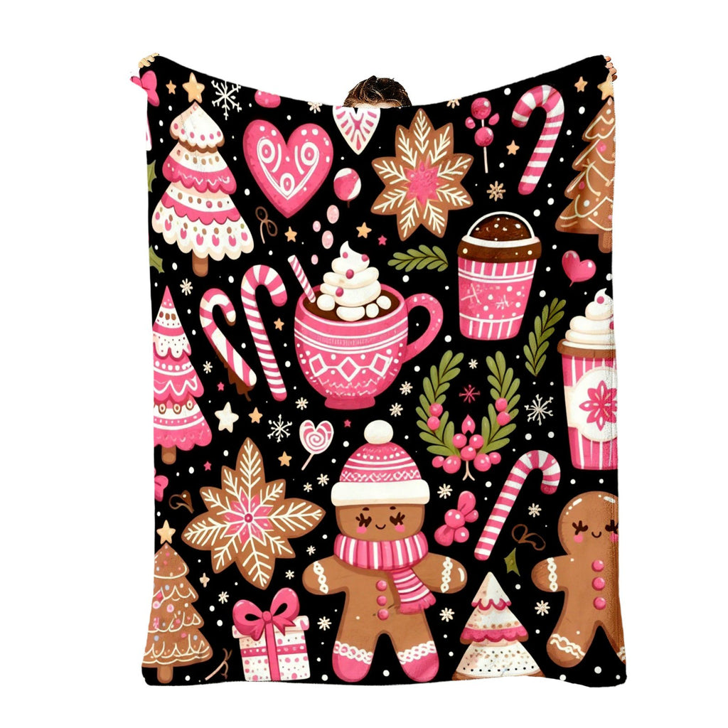 1pc Gingerbread Man And Christmas Hot Drink Theme Black Flannel Oversized Blanket, Pink Festive Design, Large Plush Throw, Suitable for Holiday Home Decor, Weekend Sofa Naps, Reading Time, Bedroom Bed End Decoration