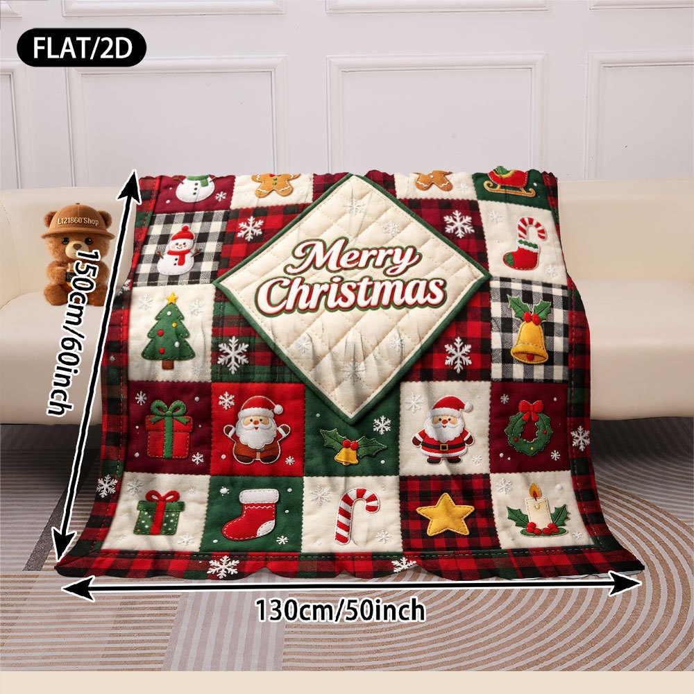 Flat/2D Digital Printing Christmas Theme Rhombus Patchwork Flannel Blanket Blanket Blanket, Country Style Santa Claus Snowman Reindeer Gingerbread for Man Christmas Stockings Gift Multi-element Pattern, Soft, Comfortable and Warm