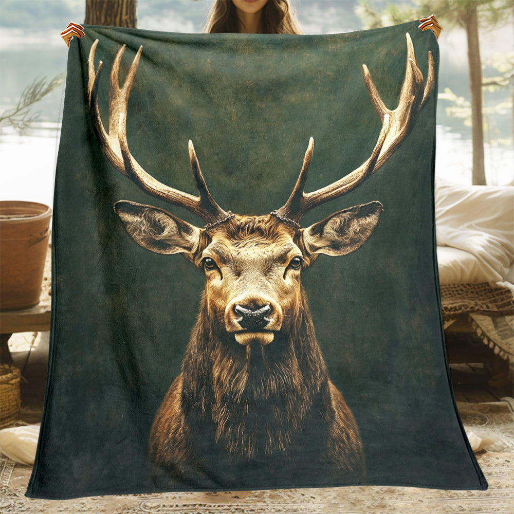 1pc, Elk Head Pattern Flannel Blanket, Soft, Comfortable, and Warm, Dark Green Vintage Design, Durable Plush Surface, All-Season Bed Blanket, Warm Throw Blanket, Multiple Sizes Available, Suitable for Bedroom, Living Room, Sofa, Reading Area