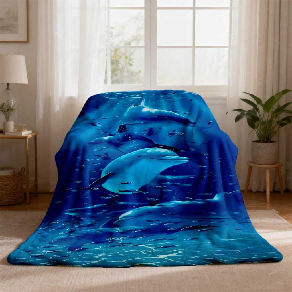 1pc 2D Flat Print Ocean Whale and Fish School Blanket, Soft Flannel Throw—dark Blue and Cyan Design, Multiple Sizes Available, Suitable for Living Room Sofas, Bedroom Bedsides, Reading Nooks, Windowsill Lounging, and Leisure Time, 2D Flat