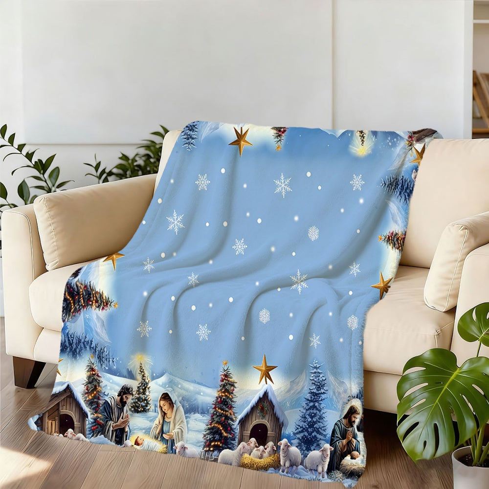 1pc Christmas Nativity Scene Golden Star Snowflake Blue Flannel Blanket, Soft Comfortable Warm, Main Color Blue Design, All-Season Blanket, Warm Cover, Multiple Sizes Available, Suitable for Living Room Sofa, Bedroom, Reading Area