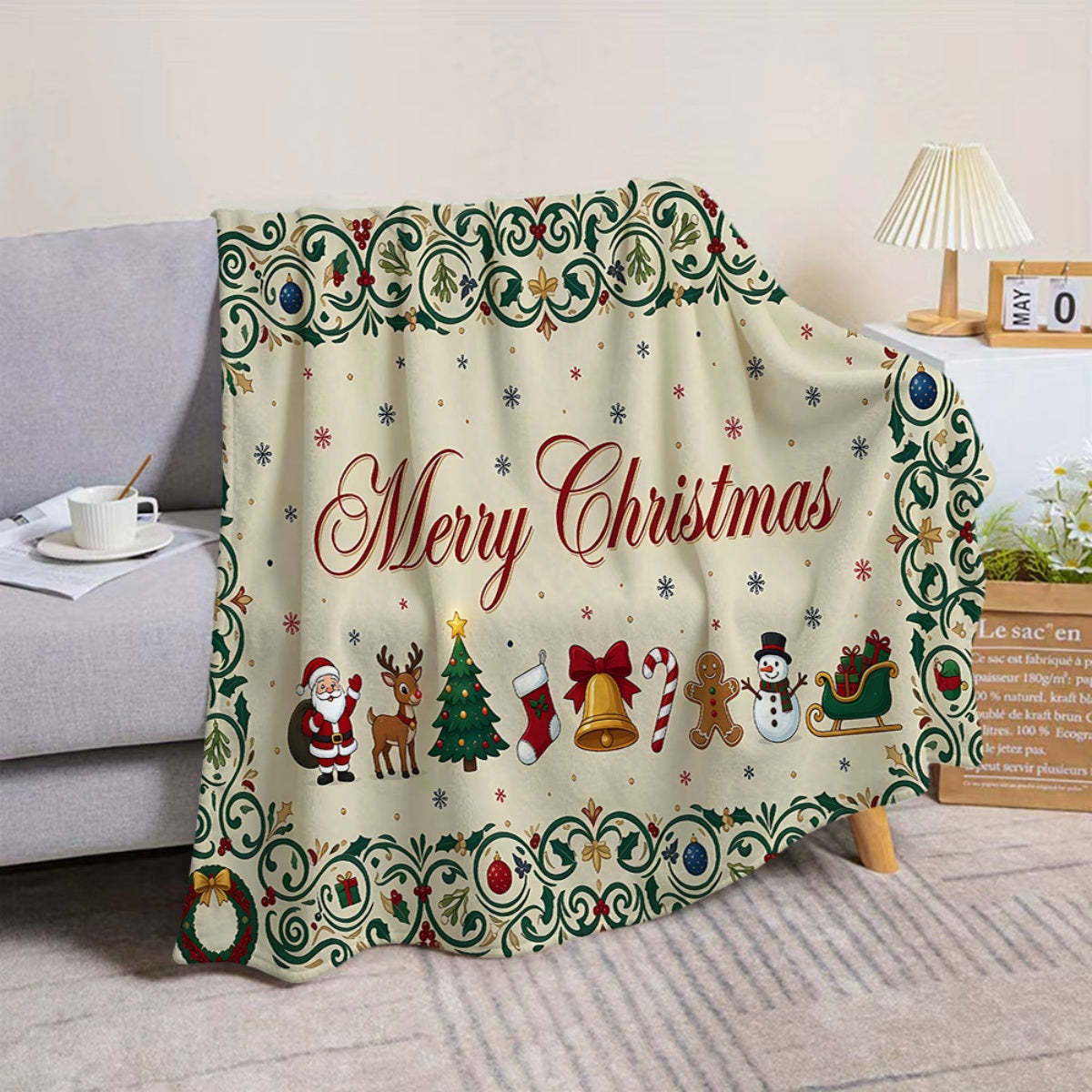 1pc, Christmas-Themed Merry Christmas Pattern Flannel Blanket, Soft Comfortable Warm, Beige And Green Decorative Style Design, Durable Plush, All-Season Sofa Blanket, Warm Cover, Multiple Sizes Available, Suitable for Living Room Sofas