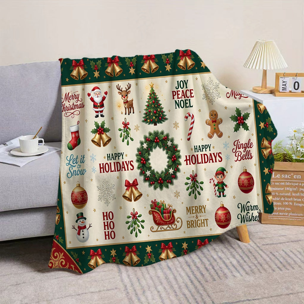 1pc, Santa Claus And Reindeer Pattern, Golden Bell Surround, Green Wreath Embellishment, Warm Festive Atmosphere Flannel Blanket, Soft And Comfortable, Beige Base with Green Border Design, Durable Plush, All-Season Sofa Blanket, Warm Cover