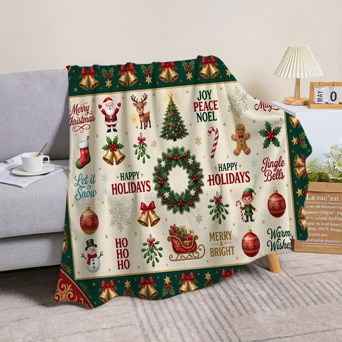 1pc, Santa Claus And Reindeer Pattern, Golden Bell Surround, Green Wreath Embellishment, Warm Festive Atmosphere Flannel Blanket, Soft And Comfortable, Beige Base with Green Border Design, Durable Plush, All-Season Sofa Blanket, Warm Cover