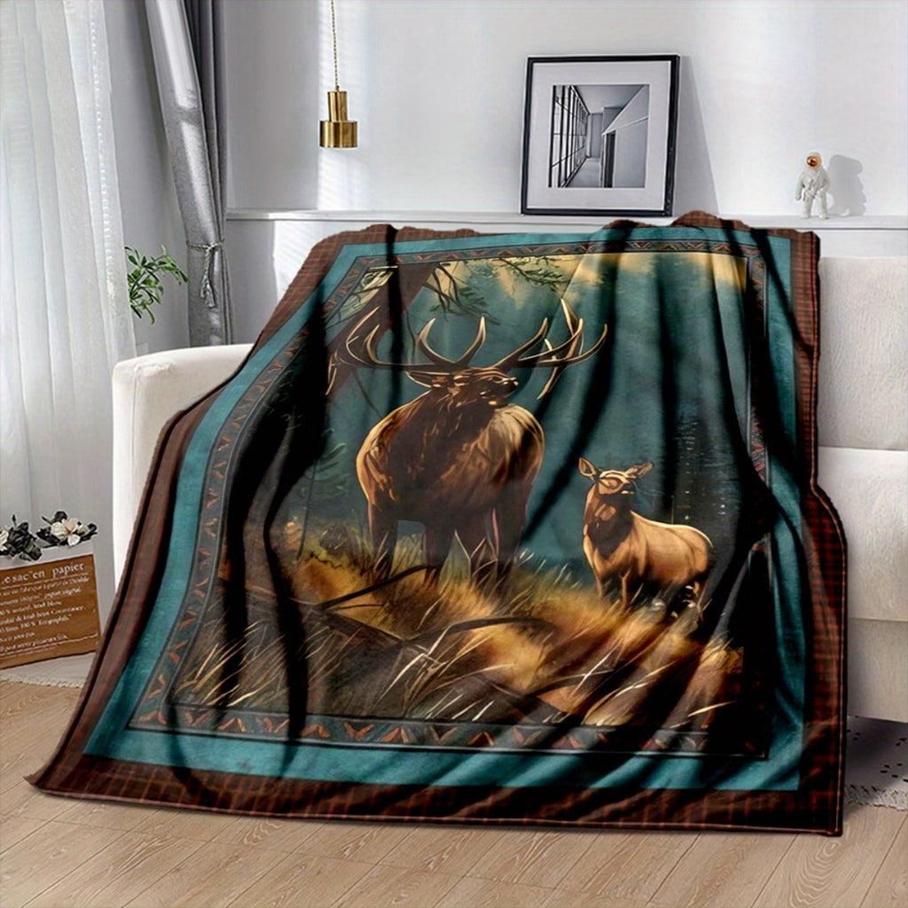 1pc 2D Flat-printed Forest Elk Pattern Blanket, Soft Flannel Throw, Dark Brown and Blue-green Design, All-season Warm Cover Blanket, Available in Multiple Sizes, Suitable for Living Room Sofas, Bedroom Headboards, Reading Nooks, Lounge Chairs