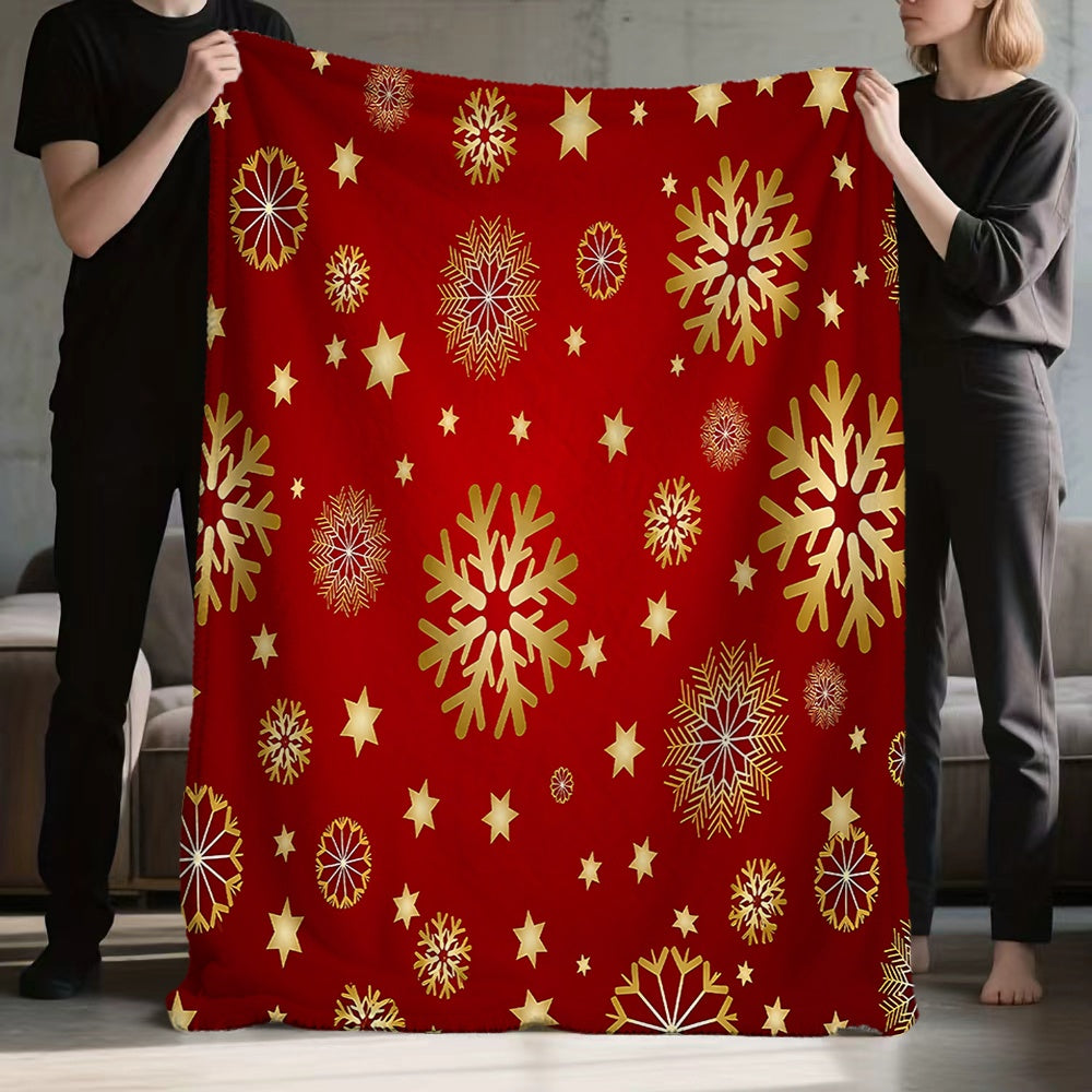 1pc Red and Golden Snowflake and Star Pattern Christmas-themed Flannel Blanket, Soft, Comfortable, and Warm, Designed in a Red Main Color, a Four-season Universal Sofa Throw, a Warm Lap Blanket, Available in Multiple Sizes, Suitable for Living Room