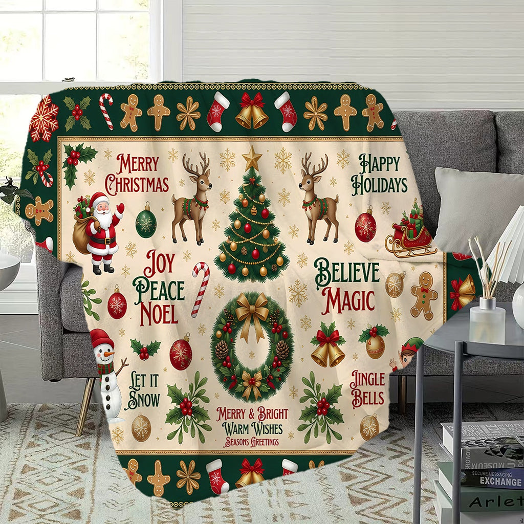 1pc Christmas-themed Flannel Blanket in Green and Beige, Soft, Comfortable, and Warm, Featuring Santa Claus, Reindeer, and Christmas Tree Patterns. Made with Durable Plush Fabric, It's a Versatile All-season Sofa Throw and Cozy Cover Blanket.