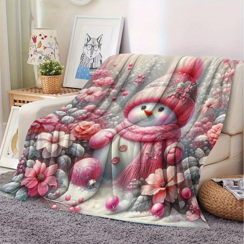 Christmas Pink Snowman Pattern Flannel Blanket, Soft and Warm Lunch Break Blanket, Suitable for Sofa, Travel, Camping, Living Room, Office, Chair, Available in All Seasons, Hot Printed Flannel Blanket, Multi-purpose Blanket