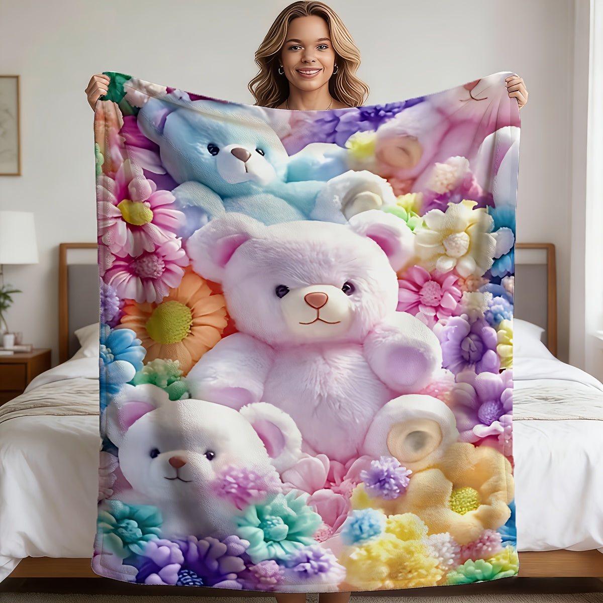 1pc 2D Flat Printing, Cute Teddy Bear And Colorful Flowers Blanket, Soft Fleece Blanket - Pink And Rainbow Design, Multiple Sizes Available, Suitable for Bedroom, Living Room, Sofa, And Casual Reading