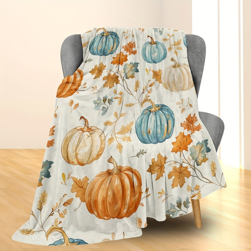 1pc 2D Flat Print Autumn Pumpkin and Maple Leaf Pattern Blanket, Soft Flannel Throw Blanket, Beige Base with Blue and Orange Design, All-Season Warm Cover Blanket, Multiple Sizes Available, Suitable for Living Room Sofa, Bedroom, Reading Area