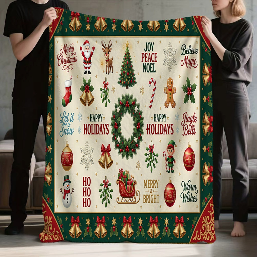 1pc, Santa Claus And Reindeer Pattern, Golden Bell Surround, Green Wreath Embellishment, Warm Festive Atmosphere Flannel Blanket, Soft And Comfortable, Beige Base with Green Border Design, Durable Plush, All-Season Sofa Blanket, Warm Cover