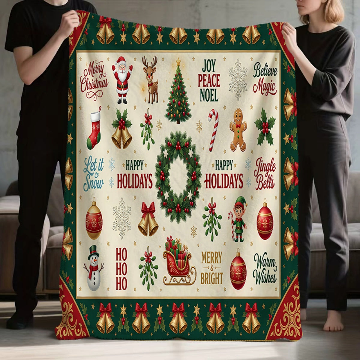 1pc, Santa Claus And Reindeer Pattern, Golden Bell Surround, Green Wreath Embellishment, Warm Festive Atmosphere Flannel Blanket, Soft And Comfortable, Beige Base with Green Border Design, Durable Plush, All-Season Sofa Blanket, Warm Cover