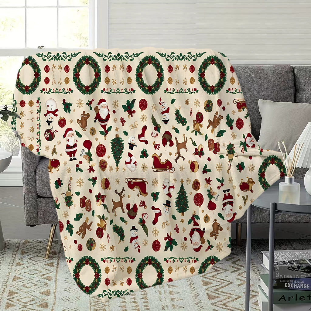 1pc, Christmas Theme Santa Claus And Snowman Pattern Flannel Blanket, Soft Comfortable Warm, Beige And Red Design, Durable Plush, All-Season Sofa Blanket, Warm Cover, Multiple Sizes Available, Suitable for Living Room Sofa, Bedroom