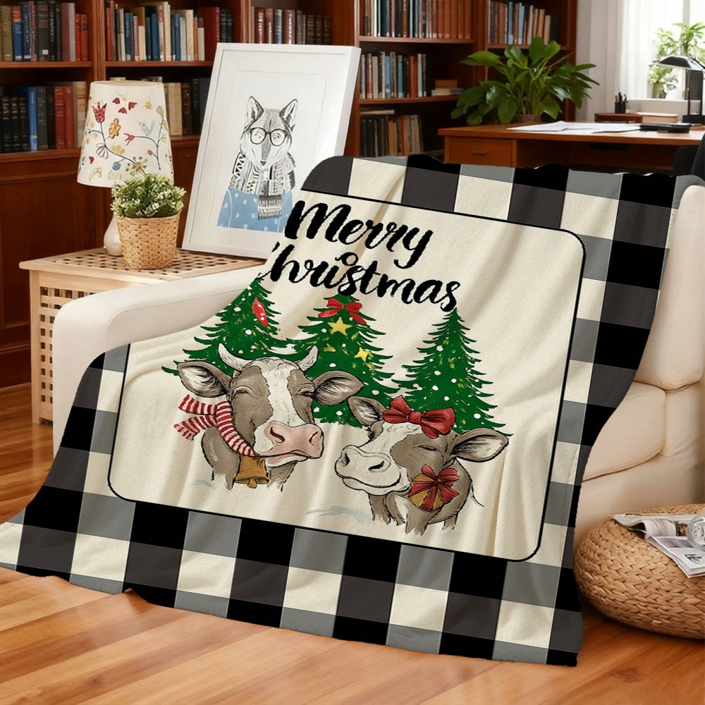 1pc Christmas Cow And Pine Tree Pattern Cream Beige Flannel Blanket, Festive Warm Design, Soft Plush All-Season Use, Suitable for Weekend Sofa Naps, Bedroom Bed Use, And Seasonal Home Decor