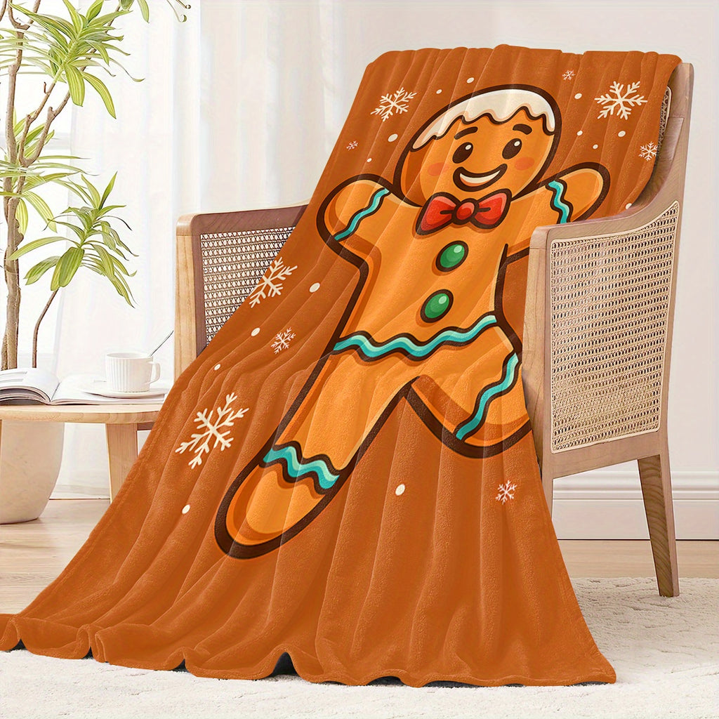 1pc Christmas Gingerbread Man Pattern Orange Snowflake Design Flannel Blanket, Soft Comfortable Warm, Durable Plush All-Season Bed Blanket, Warm Cover for Living Room Sofa, Bedroom Bed, Holiday Decor, Casual Reading, And Winter Heating