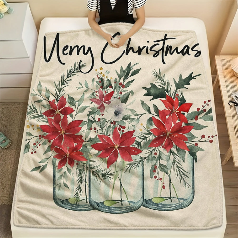 1pc Christmas Red Green Floral And "Christmas" Letter Cream Beige Flannel Blanket, Soft Plush All-Season Use, Suitable for Living Room Sofa Cover, Weekend Nap, And RV Travel