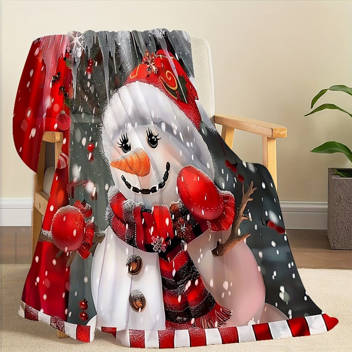 1pc Snowman and Red Ball Christmas Themed Red Flannel Large Blanket, Winter Decorative Design, Large Plush Throw Blanket, Suitable for Holiday Home Decor, Reading Time, and Home Naps
