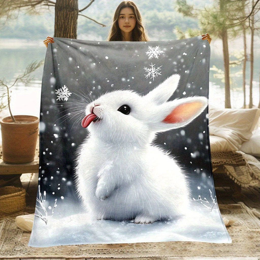1pc 2D Flat Printed Cute White Rabbit Snow Scene Blanket, Soft Flannel Blanket - Gray Winter Design, Multiple Sizes Available, Suitable for Living Room, Bedroom, Sofa, Balcony, and Courtyard, 2D Flat