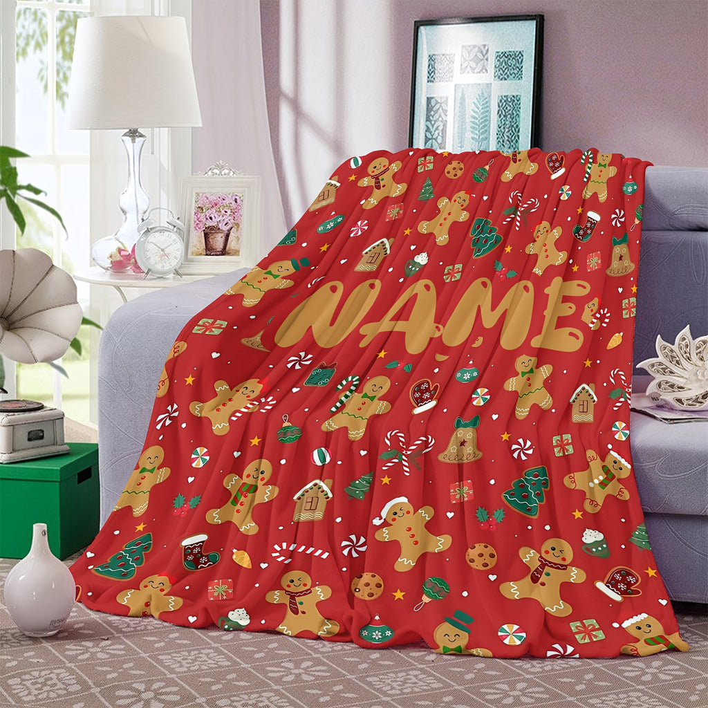 1pc Gingerbread Man And Christmas Tree Pattern Red Design Flannel Oversized Blanket, Christmas Winter Decor, Durable Plush, All Seasons, Suitable for Holiday Home Decoration, Weekend Sofa Nap, Dorm Life