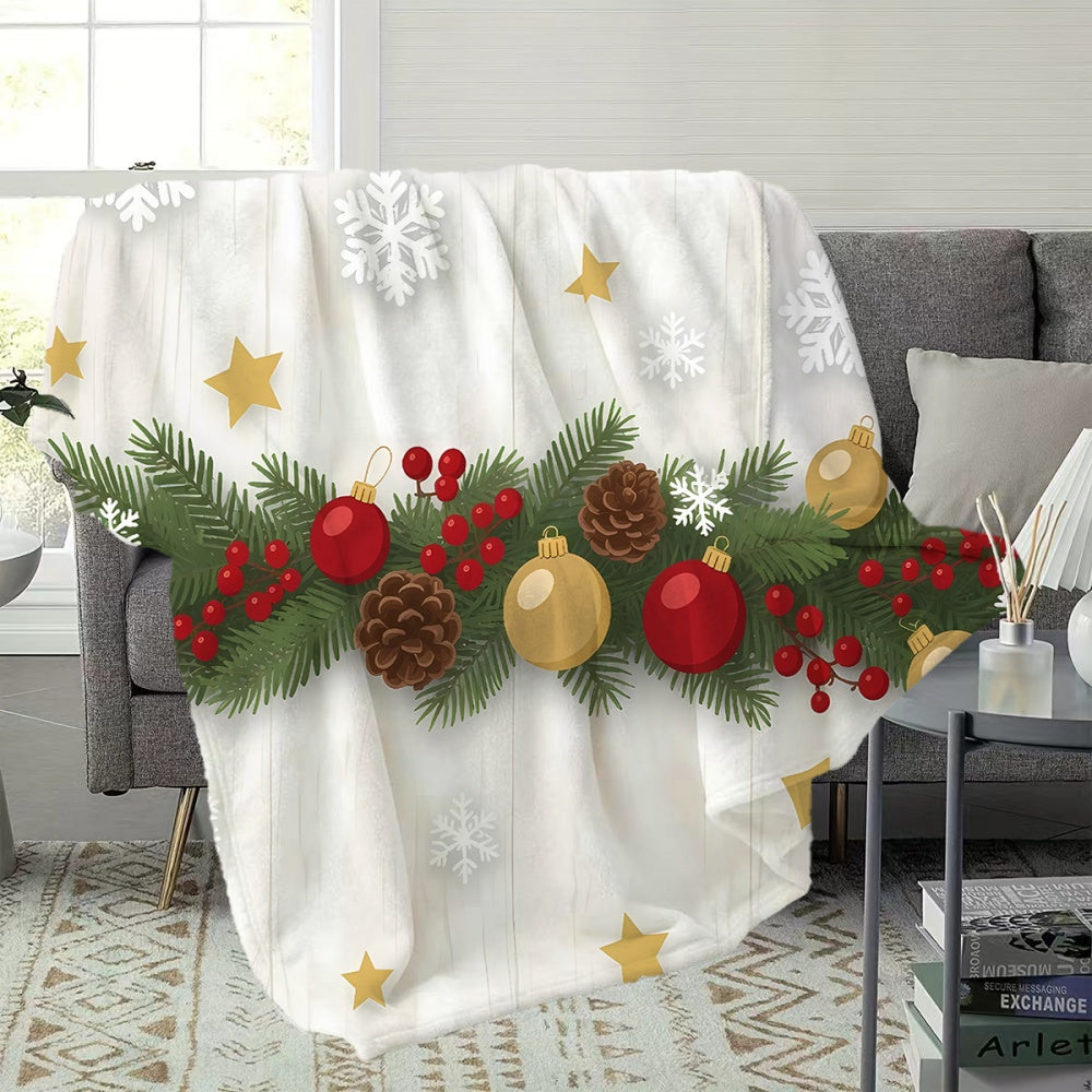 1pc Christmas Holiday Theme Pine Branch Red Golden Ball Snowflake Design White Flannel Blanket, Soft Comfortable Warm, All-Season Blanket, Warm Cover, Suitable for Living Room Sofa, Bedroom, Casual Reading, Winter Heating, And Holiday Decor