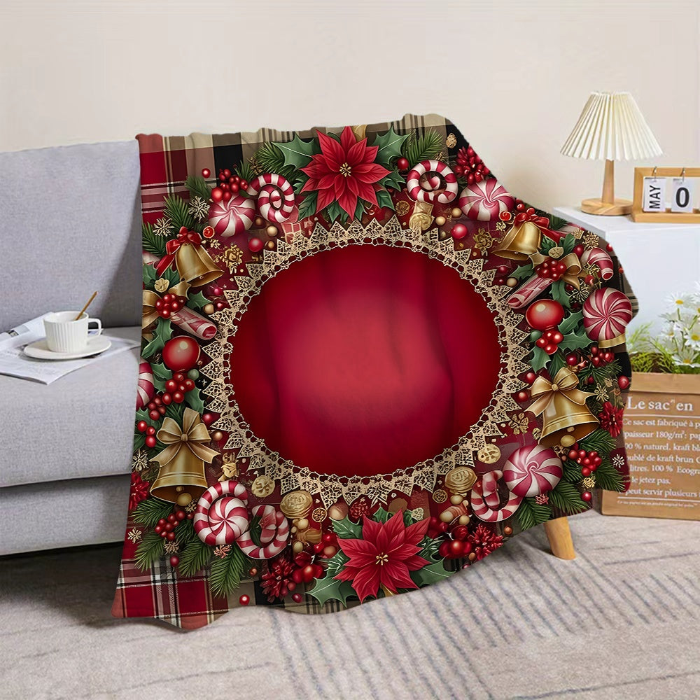 1pc Christmas Wreath Pattern Flannel Blanket, Soft Comfortable Warm, Red And Golden Design, All-Season Sofa Blanket, Warm Cover, Multiple Sizes Available, Suitable for Living Room Sofa, Bedroom, Reading Corner, Holiday Decor, And Leisure Time